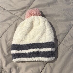 Cozy White and Gray Beanie with Pink Pom